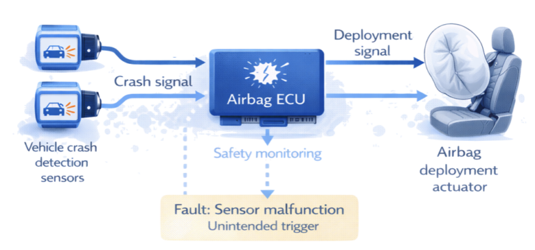 Airbag system functional safety example showing unintended deployment hazard in automotive systems