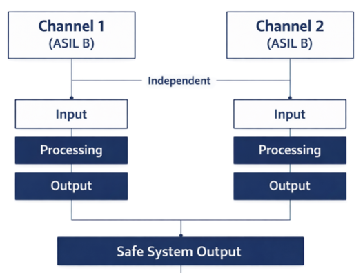 ASIL decomposition from ASIL D into two ASIL B channels in ISO 26262 functional safety