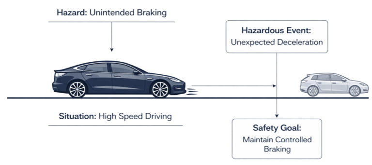 safety goal example for braking system preventing unintended braking in ISO 26262
