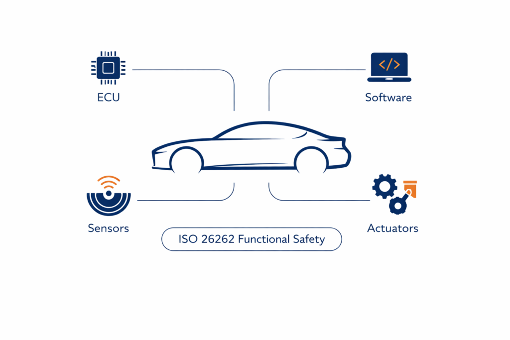 Overview of ISO 26262 functional safety in automotive systems showing ECUs, sensors, and software components
