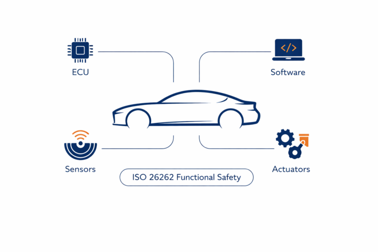 Overview of ISO 26262 functional safety in automotive systems showing ECUs, sensors, and software components