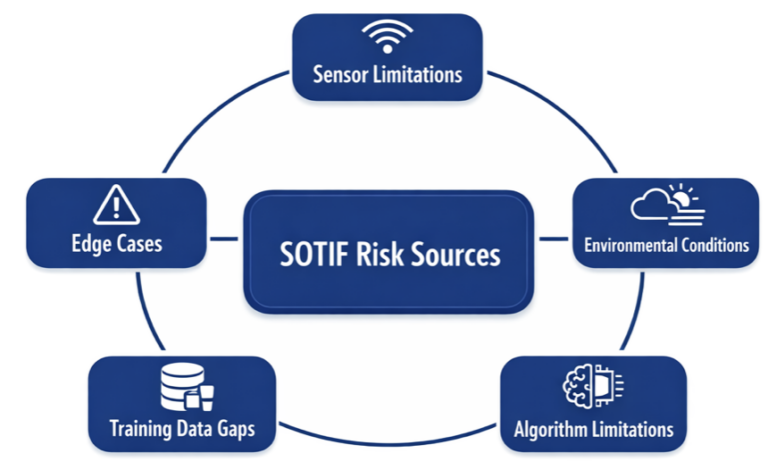 SOTIF risk sources including sensor limitations algorithm errors and environmental conditions in automotive systems