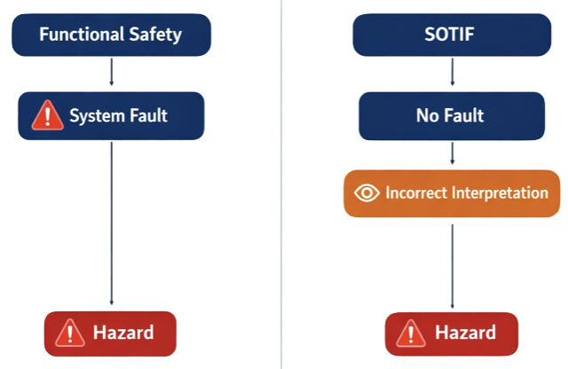 comparison between ISO 26262 functional safety and SOTIF ISO 21448 showing fault-based and performance-based risks
