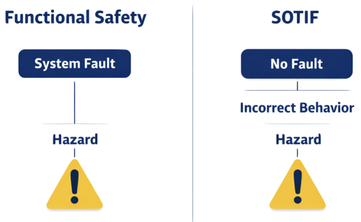 comparison between SOTIF ISO 21448 and ISO 26262 showing performance limitations versus system failures in automotive safety