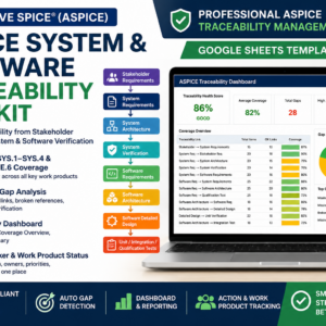 ASPICE System and Software Traceability Toolkit with automatic gap analysis, traceability health dashboard, SYS and SWE coverage, and action tracker in Google Sheets.