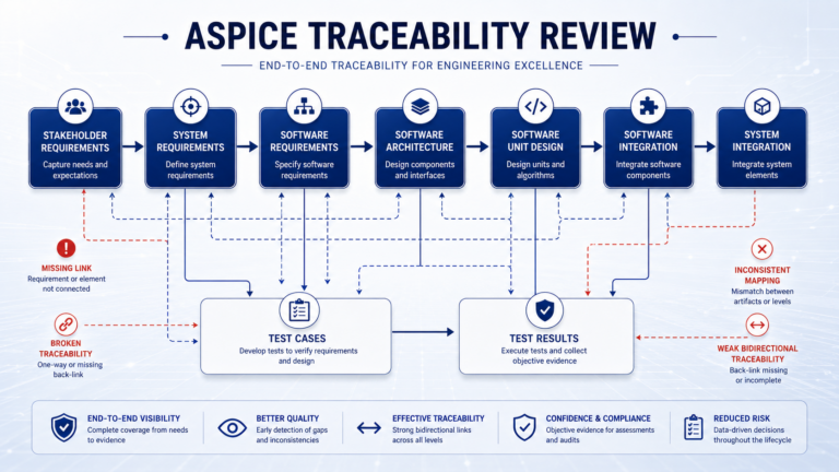 ASPICE traceability review diagram showing requirements, software architecture, integration, verification, and test traceability flow for automotive software development.