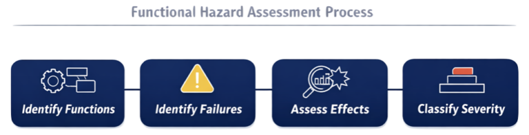 Functional Hazard Assessment process including hazard identification severity classification and safety objectives