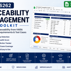 ISO 26262 Traceability Management Toolkit with automatic gap analysis, traceability health dashboard, HARA to test case coverage, and action tracker in Google Sheets.