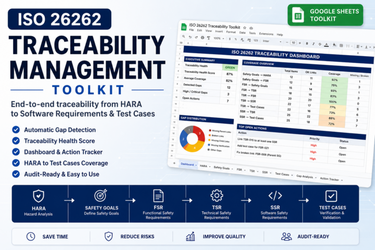 ISO 26262 Traceability Management Toolkit with automatic gap analysis, traceability health dashboard, HARA to test case coverage, and action tracker in Google Sheets.