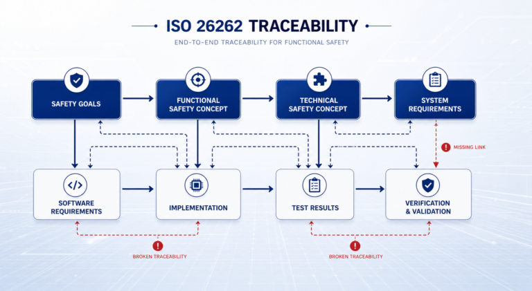 ISO 26262 traceability review diagram showing safety goals, requirements, implementation and test results