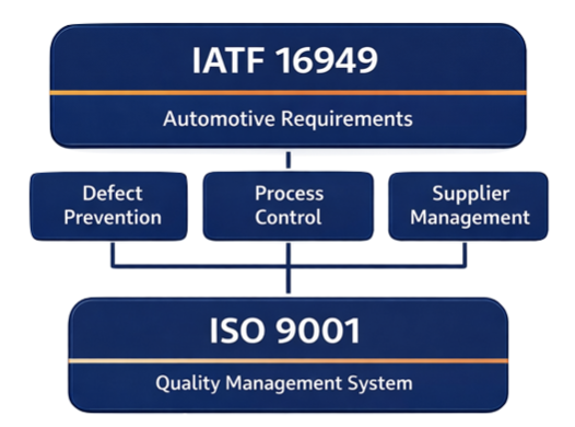 Key elements of IATF 16949 including process quality, traceability, supplier management, and continuous improvement