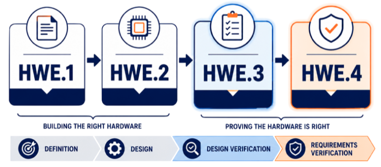 Overview of ASPICE 4.0 Hardware Engineering processes including HWE.1 HWE.2 HWE.3 and HWE.4