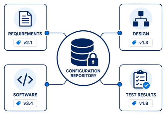 ASPICE SUP.8 Configuration Management showing version control baselines releases and configuration items