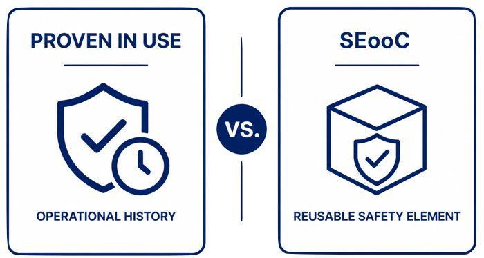 ISO 26262 Proven in Use and Safety Elements out of Context illustrating component reuse through operational evidence and independent safety development