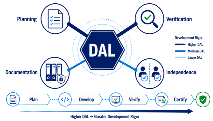 Development Assurance Level influence on aerospace requirements engineering, verification, traceability, independence and process assurance