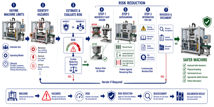 ISO 12100 machine safety workflow showing hazard identification, risk estimation, risk evaluation, risk reduction and residual risk assessment