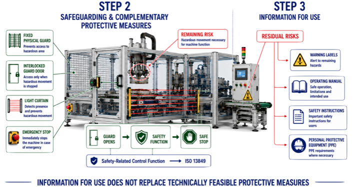 ISO 12100 risk reduction showing machine safeguarding, protective measures, safety light curtains and information for use