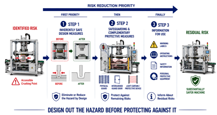 ISO 12100 Three-Step Method showing inherently safe design, safeguarding and complementary protective measures, and information for use