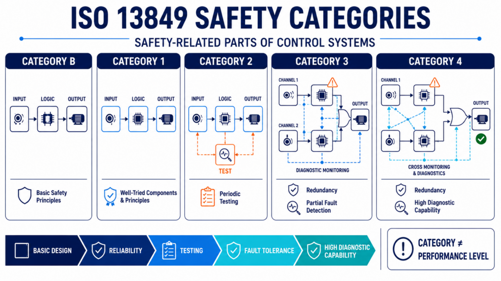 ISO 13849 Categories B, 1, 2, 3 and 4 showing single-channel, tested and redundant safety-related control system architectures