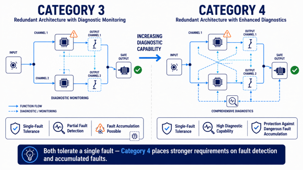 ISO 13849 Category 3 vs Category 4 comparison showing redundant architectures, fault detection and handling of accumulated faults