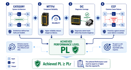 ISO 13849 Performance Level evaluation showing Category, MTTFd, DCavg and Common Cause Failures as factors determining the achieved PL