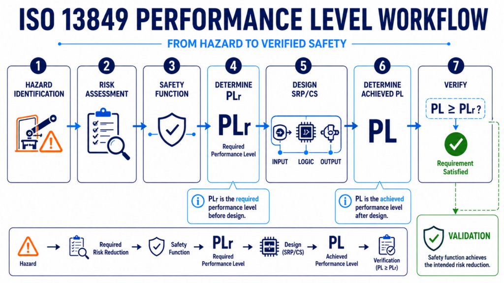 ISO 13849 Performance Level workflow from hazard identification and risk assessment to PLr, safety-related control system design, achieved PL and verification