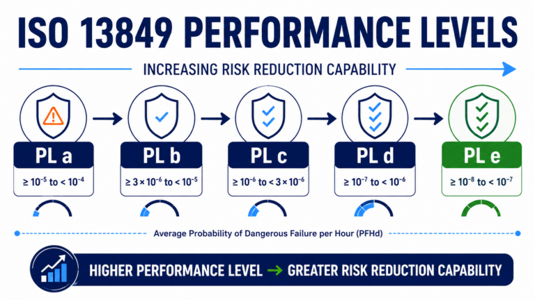 ISO 13849 Performance Levels PL a to PL e with PFHd ranges and increasing risk reduction capability