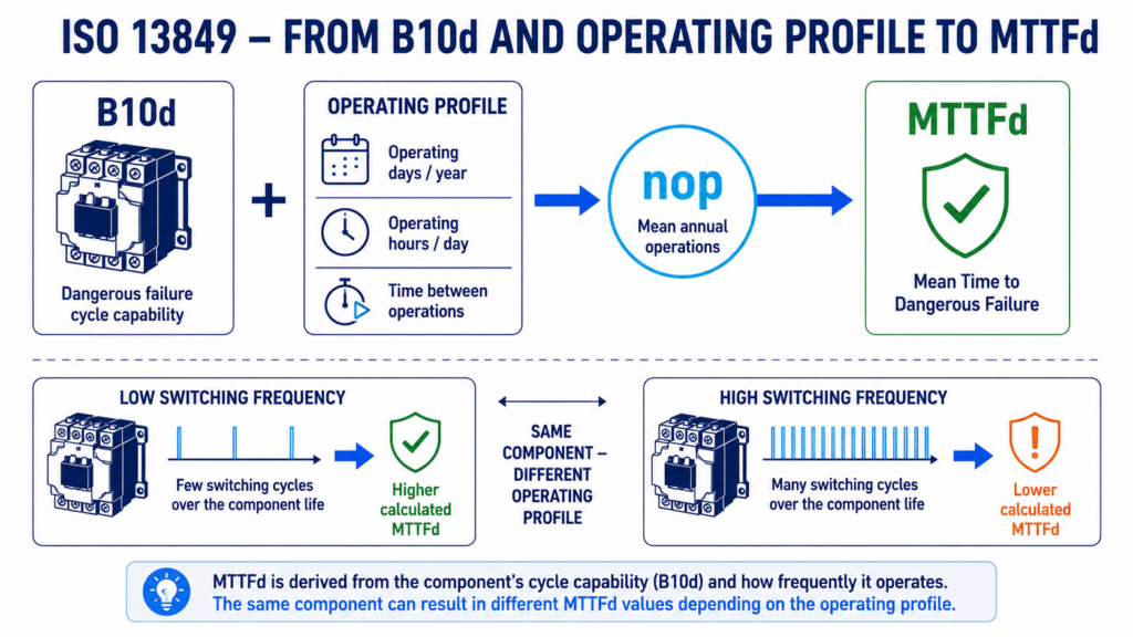 ISO 13849 B10d to MTTFd workflow showing how component cycle capability and operating frequency determine MTTFd