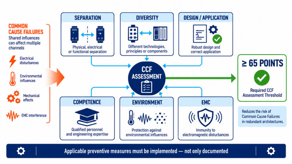 ISO 13849 CCF 65-point assessment showing separation, diversity, design, competence, environmental and EMC measures