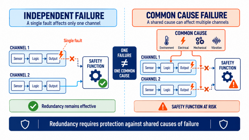 ISO 13849 Common Cause Failure comparison showing independent failure versus one common cause affecting redundant safety channels