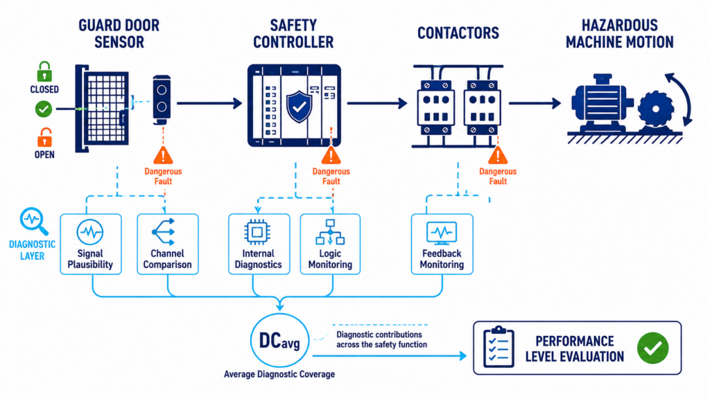 ISO 13849 DCavg example showing diagnostic measures for guard door sensor, safety controller and contactors