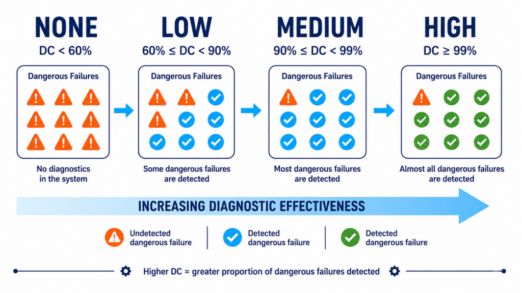 ISO 13849 Diagnostic Coverage classes None, Low, Medium and High with DC percentage ranges