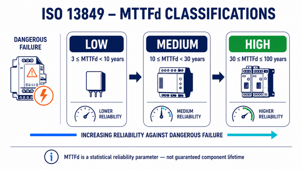 ISO 13849 MTTFd classifications Low, Medium and High showing increasing reliability against dangerous failure