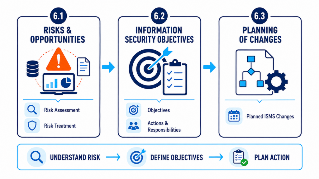 ISO IEC 27001 Clause 6 Planning overview showing risks and opportunities, information security objectives and planning of ISMS changes
