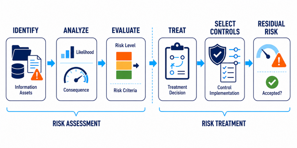 ISO IEC 27001 risk assessment and risk treatment process from risk identification and analysis to control selection and residual risk